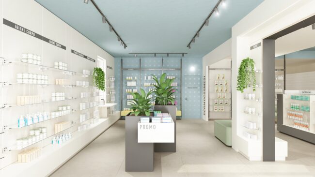 Render della Farmacia Comastri (Pisa): Area vendita con isola promozioni e reparto igiene/dermocosmesi
