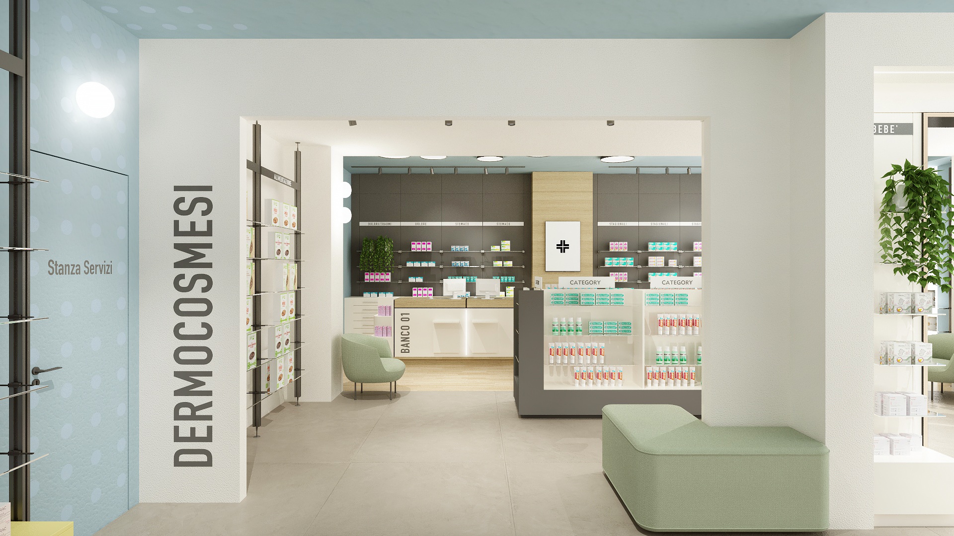 Render della Farmacia Comastri (Pisa): Reparto dermocosmesi e banco vendita