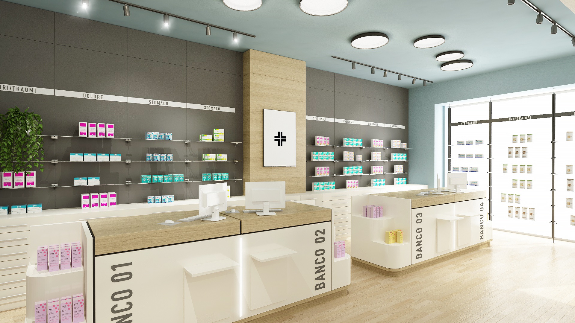 Render della Farmacia Comastri (Pisa): Banchi vendita e parete reparti
