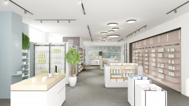 Render della Farmacia Comunale Castelfranco di Sotto (PI): Area vendita, espositori e parete cosmesi