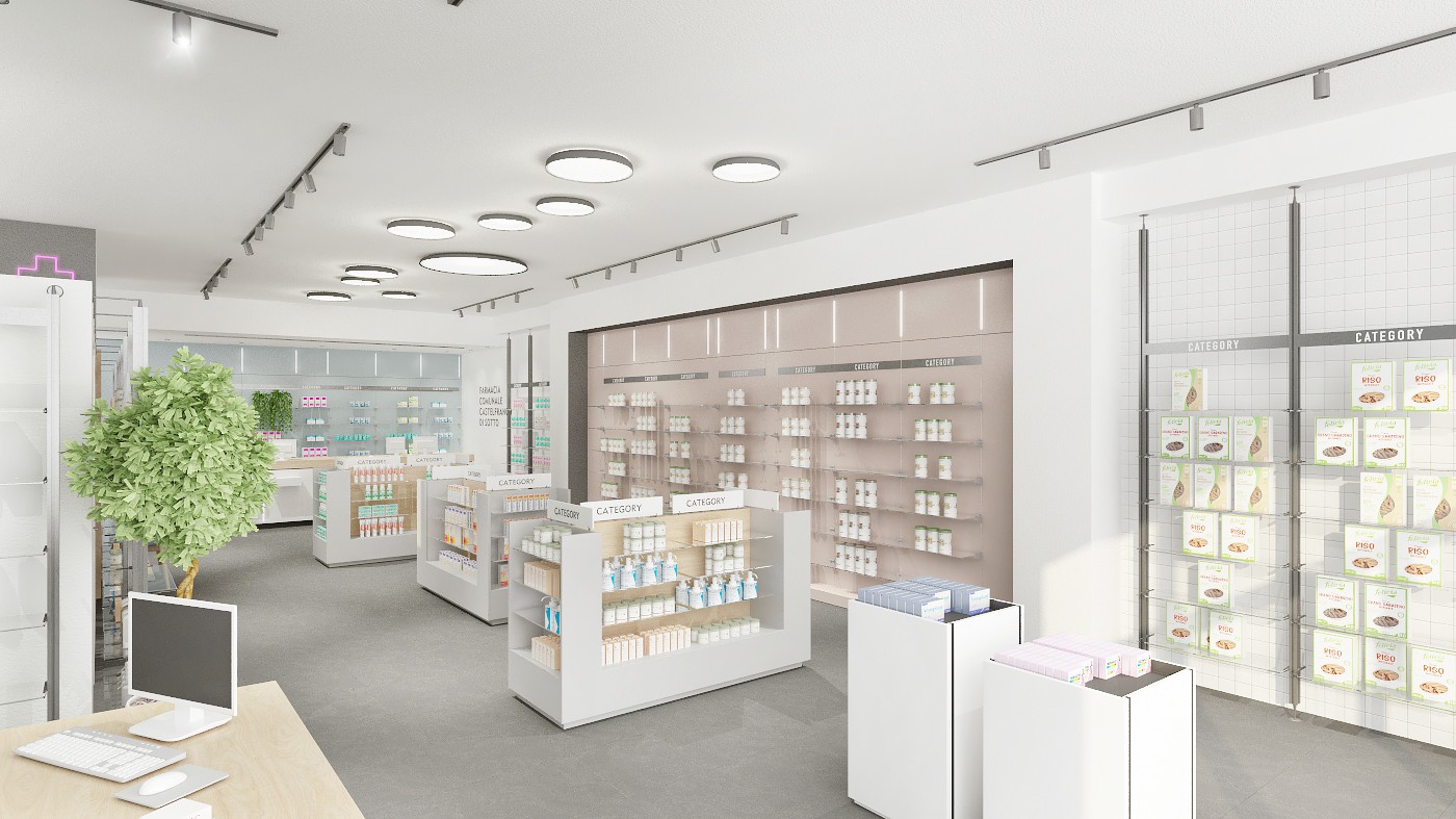 Render della Farmacia Comunale Castelfranco di Sotto (PI): Area vendita, reparti e parete alimentazione