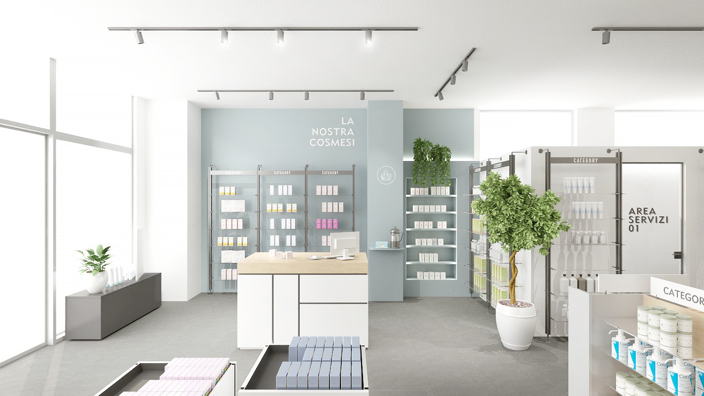 Render della Farmacia Comunale Castelfranco di Sotto (PI): Area cosmesi e area servizi