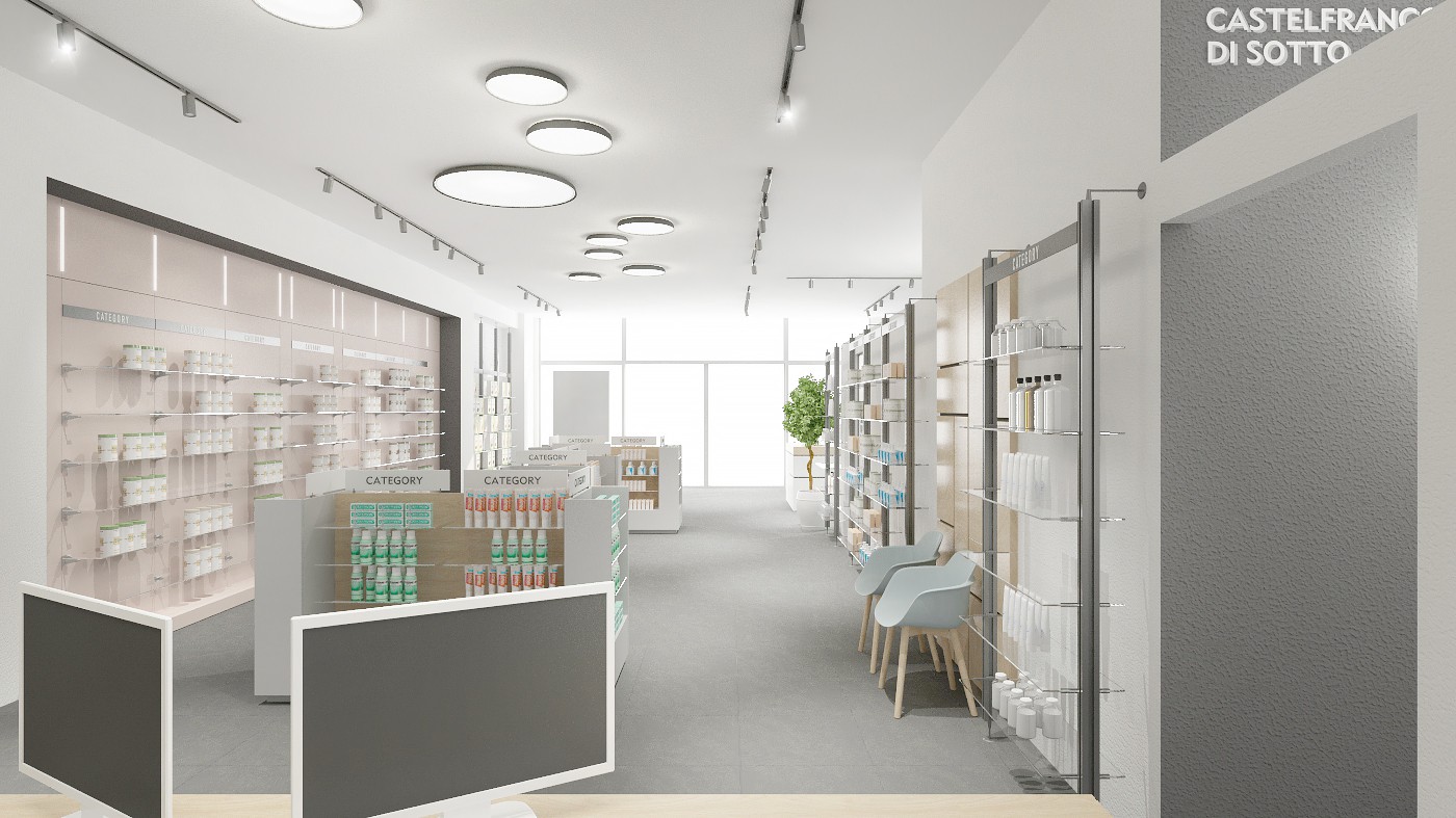 Render della Farmacia Comunale Castelfranco di Sotto (PI): Vista prospettica dell'area vendita con sedute