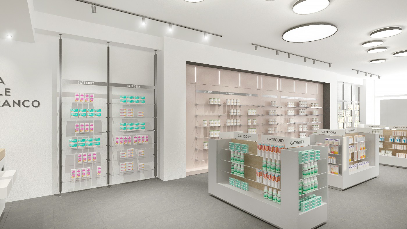 Render della Farmacia Comunale Castelfranco di Sotto (PI): Parete espositori e isole vendita