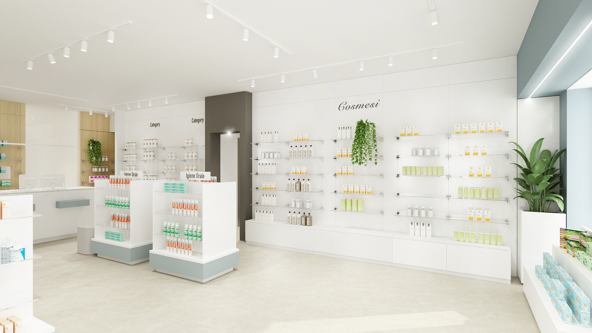 Render della Farmacia Piegari, Molina di Quosa (PI): Vista dell'area vendita verso il banco