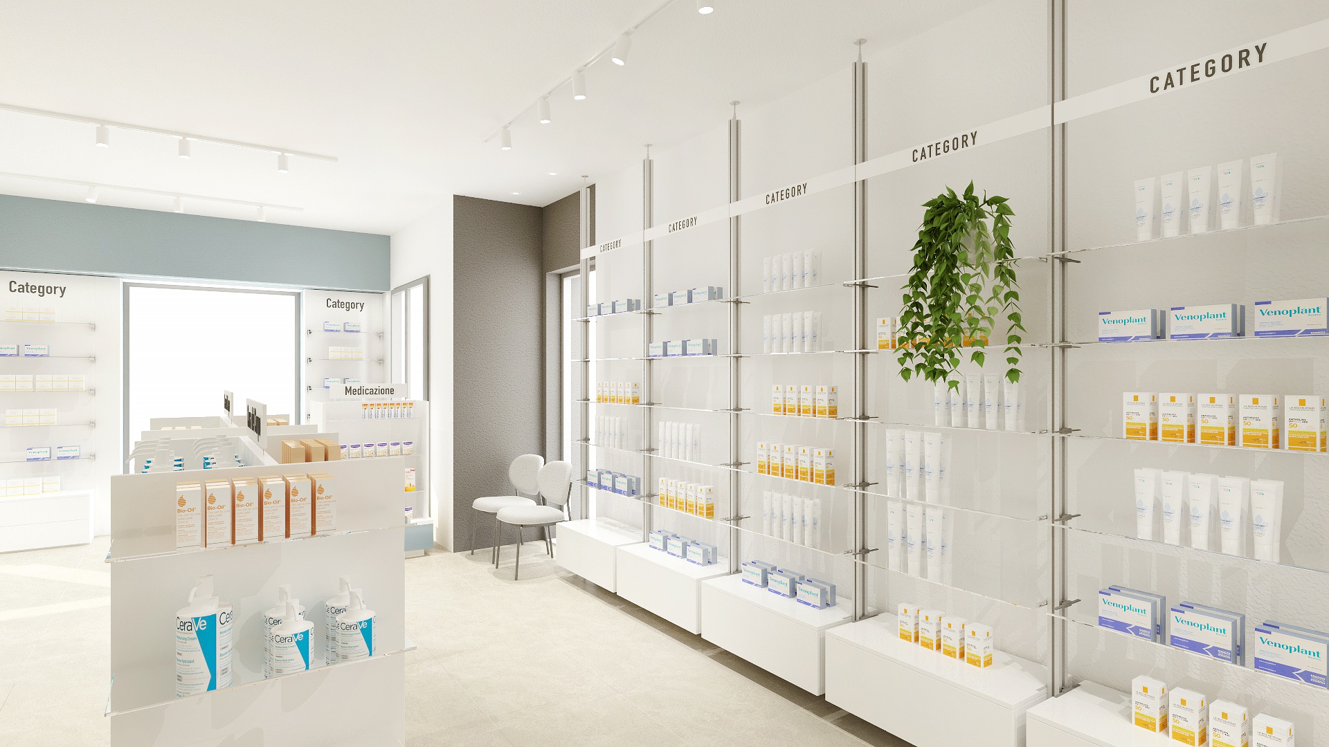 Render della Farmacia Piegari, Molina di Quosa (PI): Angolo vendita con espositori e parete a reparti