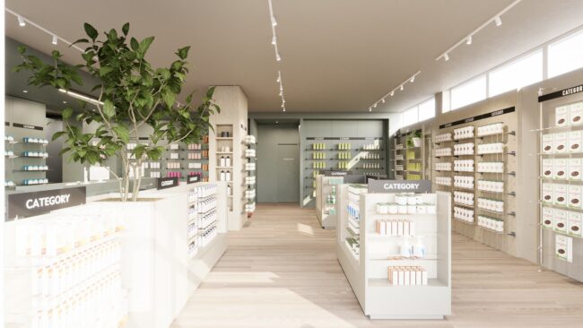 Render di un progetto di arredo e ristrutturazione di farmacia realizzato da Effe90