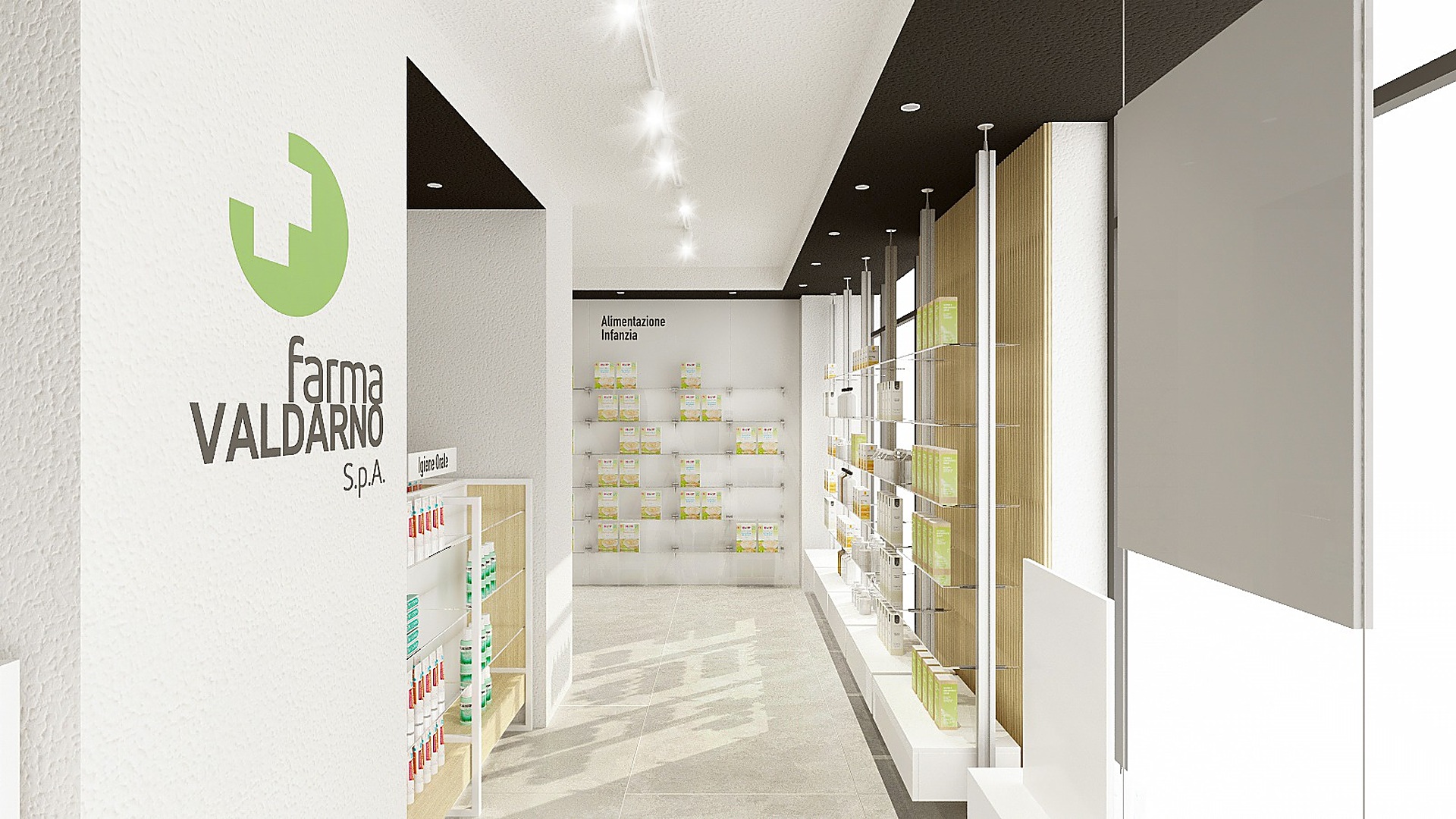 Render di un progetto di arredo e ristrutturazione di farmacia realizzato da Effe90