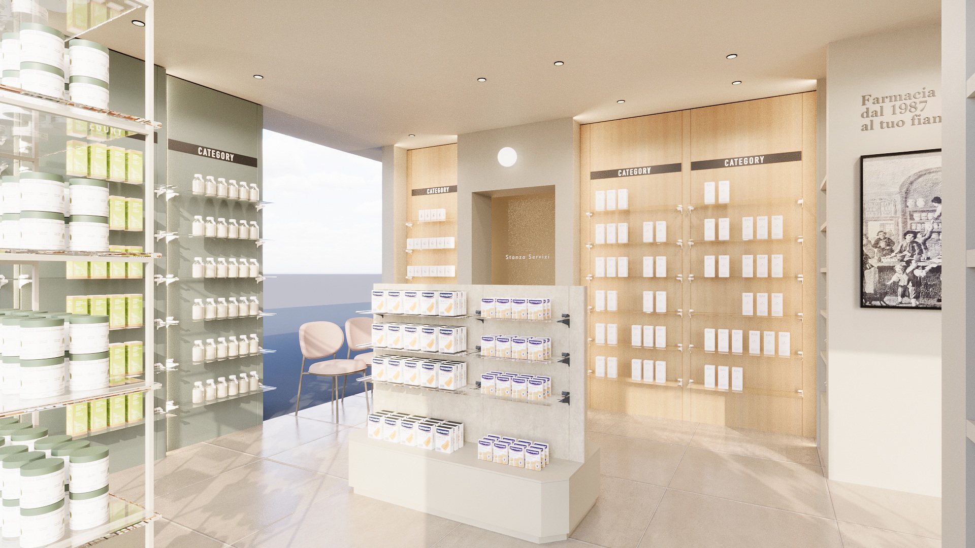 Render di un progetto di arredo e ristrutturazione di farmacia realizzato da Effe90