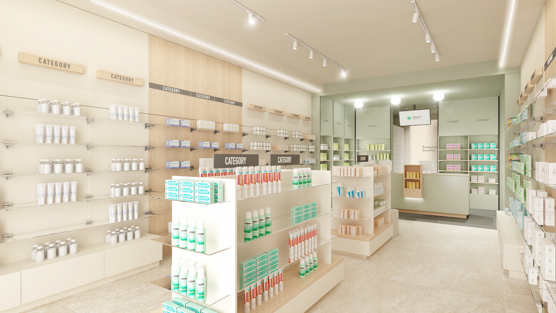 Render di un progetto di arredo e ristrutturazione di farmacia realizzato da Effe90