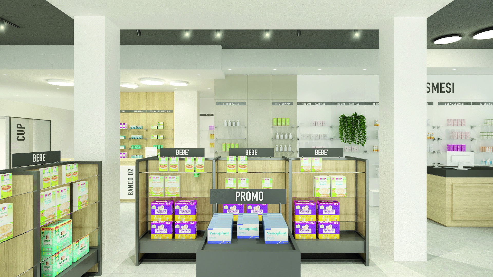 Render di un progetto di arredo e ristrutturazione di farmacia realizzato da Effe90