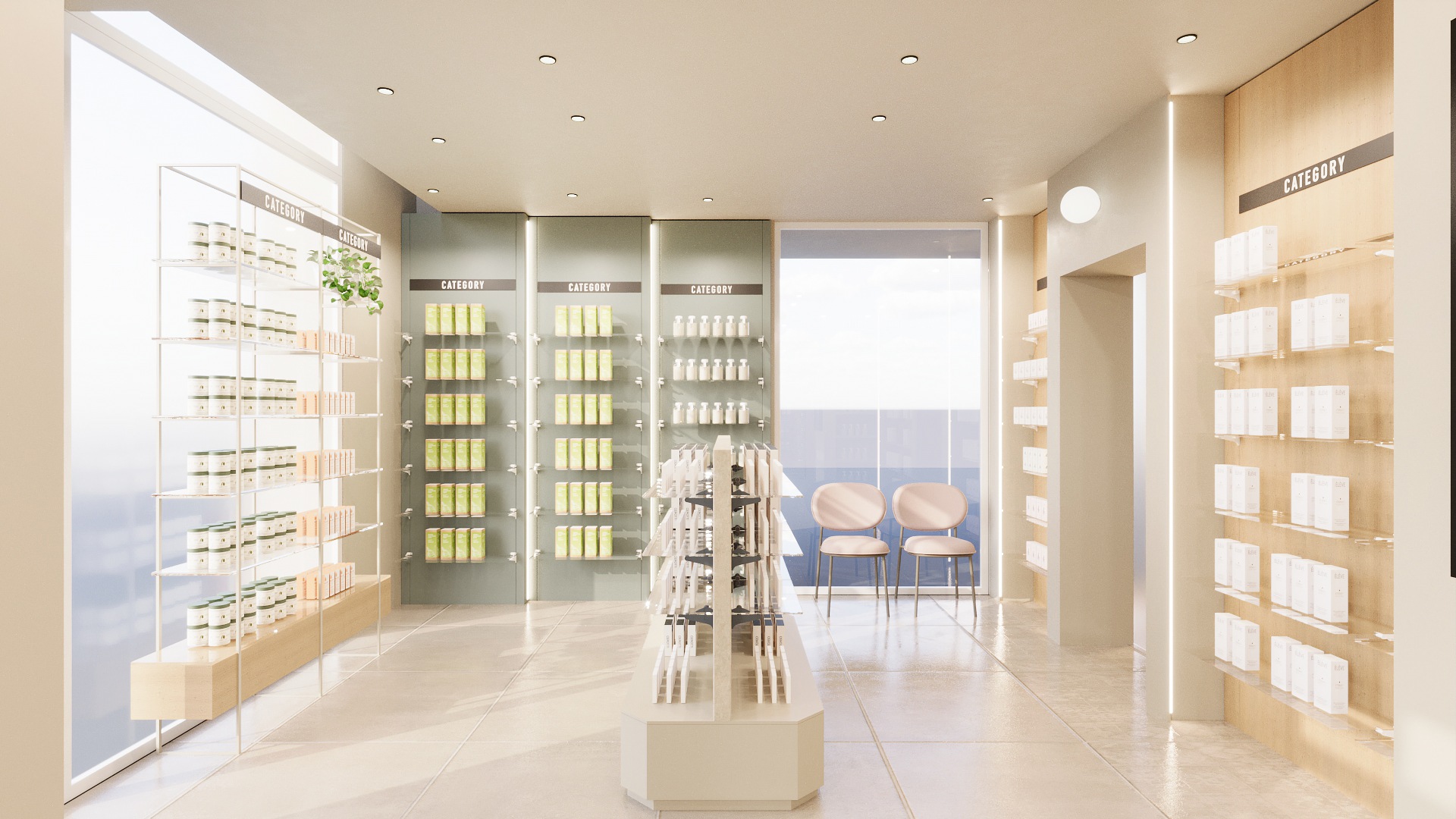 Render di un progetto di arredo e ristrutturazione di farmacia realizzato da Effe90