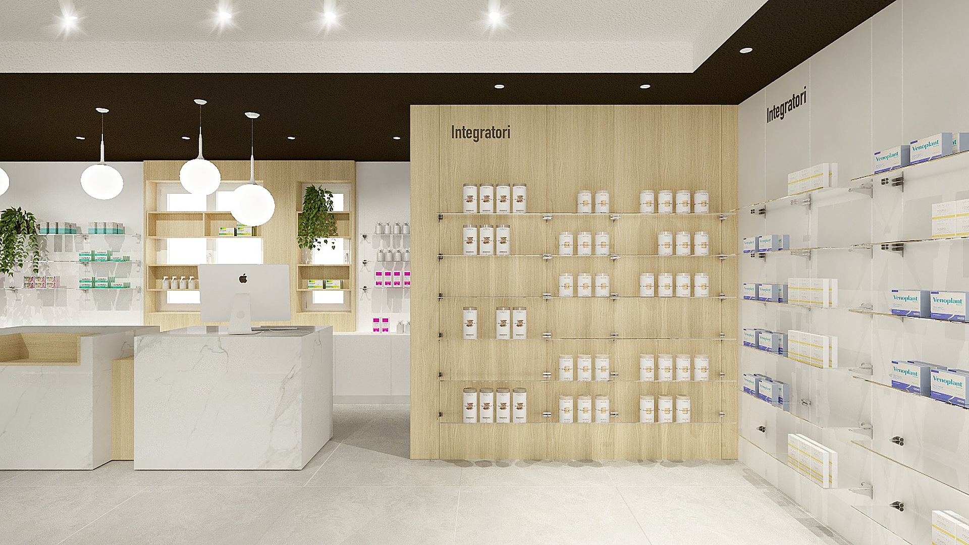 Render di un progetto di arredo e ristrutturazione di farmacia realizzato da Effe90