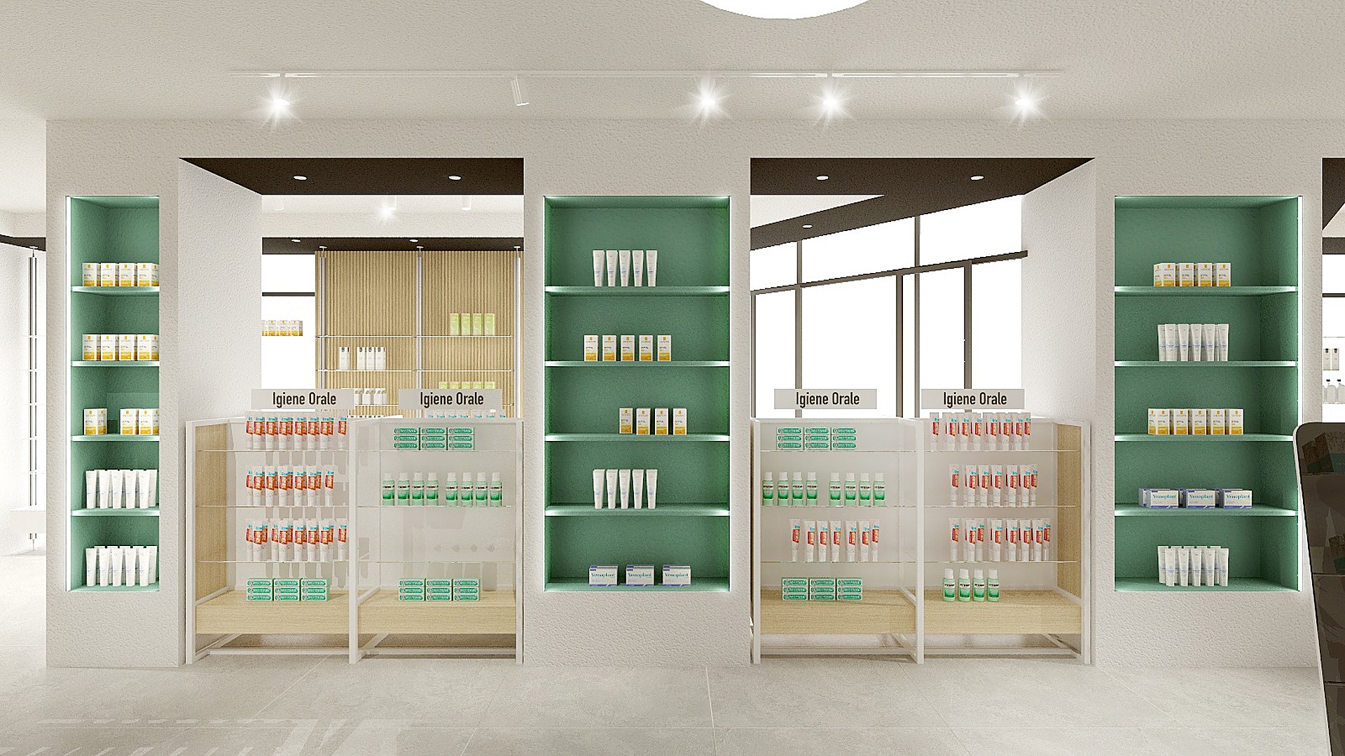 Render di un progetto di arredo e ristrutturazione di farmacia realizzato da Effe90