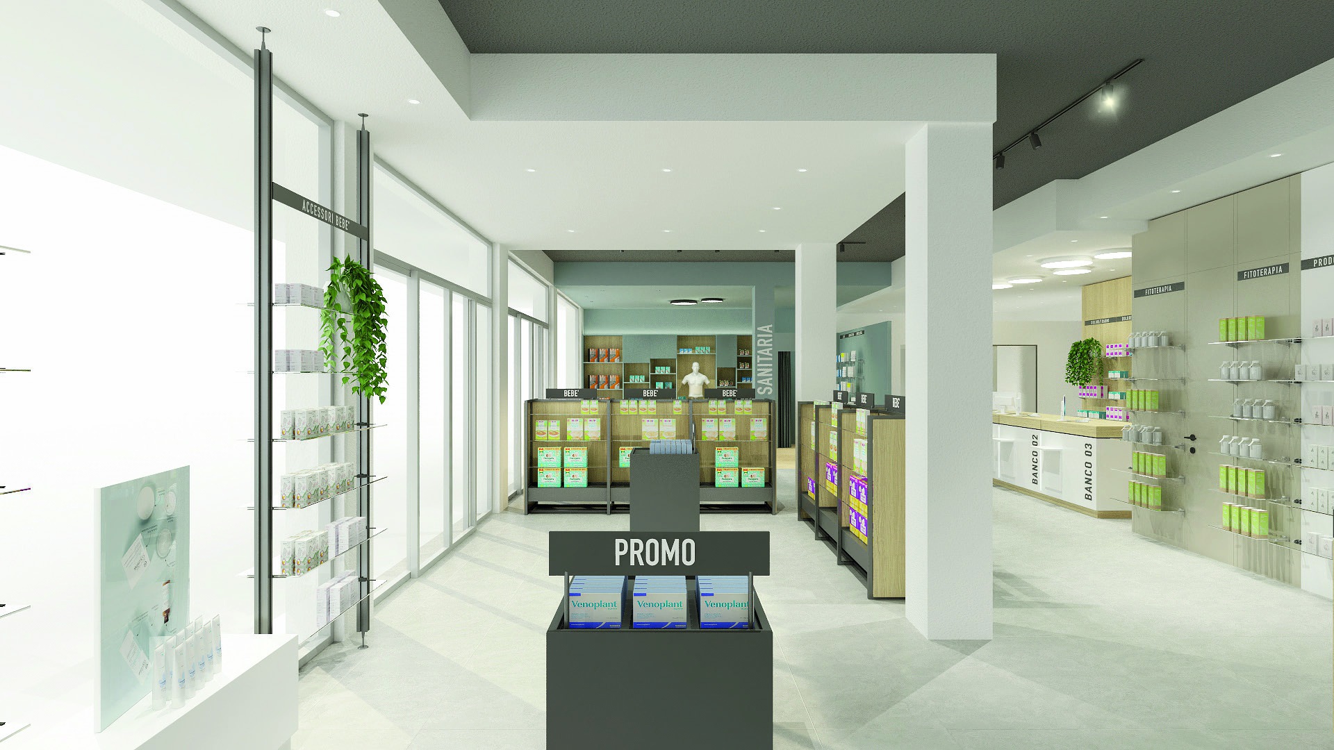 Render di un progetto di arredo e ristrutturazione di farmacia realizzato da Effe90