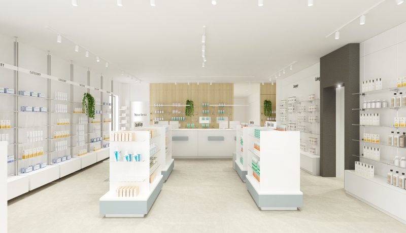 Render della Farmacia Piegari, Molina di Quosa (PI): Area vendita centrale con gondole e banco sul fondo